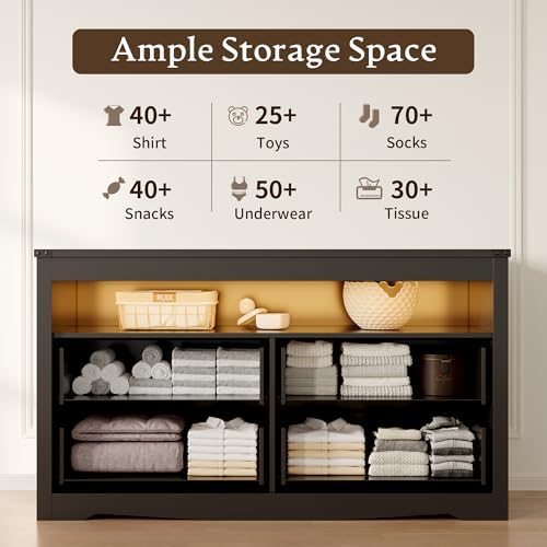 Dresser for Bedroom with LED Lights, 4-Drawer Black Chest of Drawers
