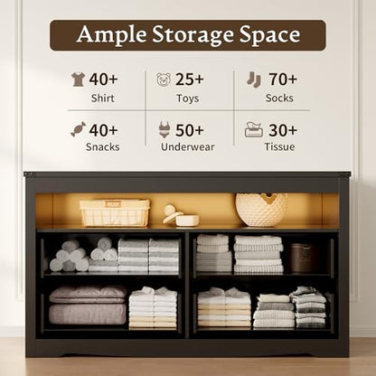 Dresser for Bedroom with LED Lights, 4-Drawer Black Chest of Drawers