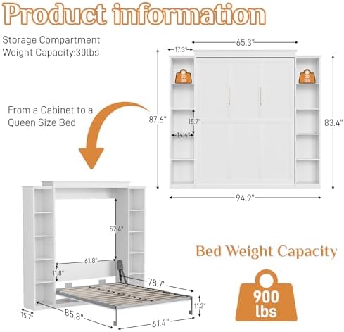 Rophefx Queen Murphy Bed Cabinet with 5-Tier Shelves, Wood Wall Bed, White