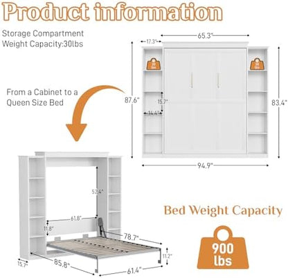 Rophefx Queen Murphy Bed Cabinet with 5-Tier Shelves, Wood Wall Bed, White