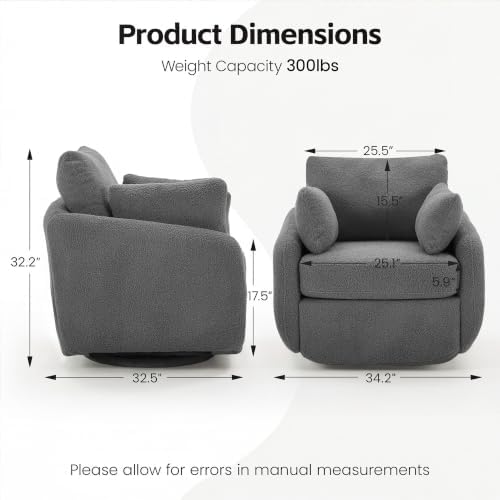 360° Sherpa Swivel Accent Chair, Modern Barrel Living Room Chair, Grey
