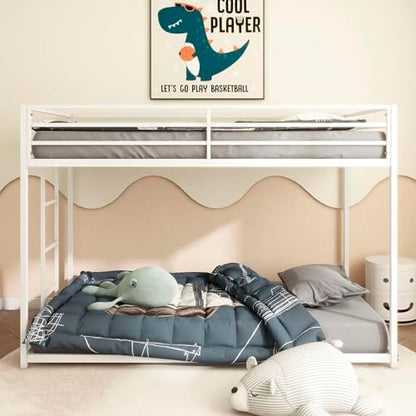 GDFStudio Bunk Bed Twin Over Twin Size, Corner Bed Frame with Metal Safety Guard Ladder,No Box Spring Needed, Noise Free, White