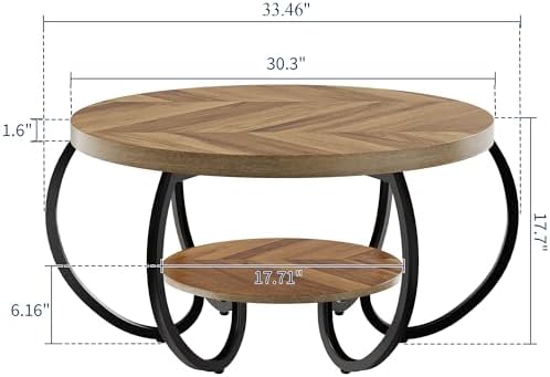 GarveeHome Round Coffee Table 30 in Center Table, 2-Tier Coffee Table Industrial Accent Tables with Adjustable Feet, Living Room Tables with Storage Shelf and Designed Wood Grain, Easy Assemble