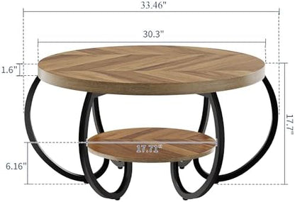 GarveeHome Round Coffee Table 30 in Center Table, 2-Tier Coffee Table Industrial Accent Tables with Adjustable Feet, Living Room Tables with Storage Shelf and Designed Wood Grain, Easy Assemble