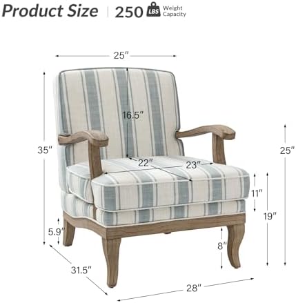 HULALA HOME Farmhouse Striped Accent Chairs Set of 2 with Wood Legs, Blue