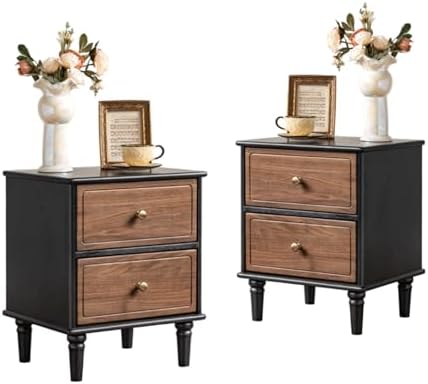 100% Solid Wood Nightstand Set of 2, Mid Century Modern Night Stand with Drawers, Wooden Nightstands for Bedroom, Small Night Stands Bedside Tables (Black/Walnut, 19.69" H)