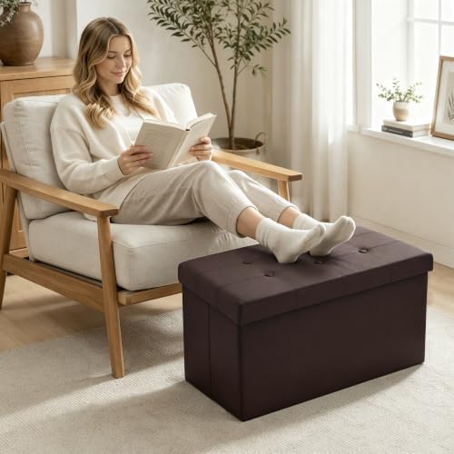 30 Inches Folding Storage Ottoman Bench, Faux Leather Footstool Ottoman, Storage Trunk Footrest for Bedroom, Living Room and Hallway, Support 350lbs, Brown(Brown line)