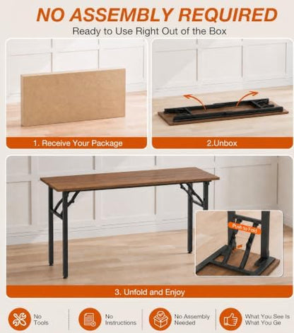 XBurmo Folding Desk Foldable Table, No Assembly 55.1" Foldable Desk Space-Saving Workstation for Small Space, Computer Table, Flat Storage for Home Office, Bedroom, Dorm, Study Room, Dark Walnut