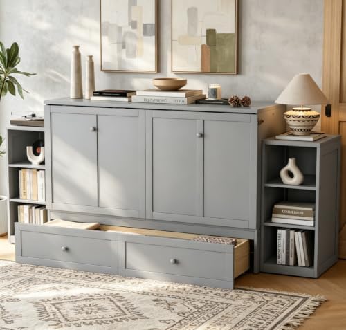 Bellemave Queen Murphy Bed, Cabinet Bed with 2 Shelves and Storage Drawers, Farmhouse Murphy Cabinet, Light Gray
