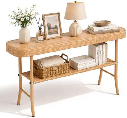 Entryway Table with Storage, 2-Tier 47inch Console Table with Woven Wrap