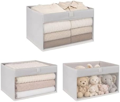WUIKE Closet Storage Bins with Clear Window, Beige, Large, 3-Pack