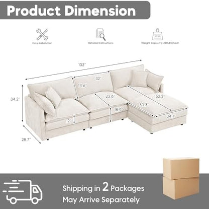 ZEIINPA L Shaped Modular Sectional Sofa, 102" Comfy Upholstery Chenille Deep Seat Cloud Couch with Ottoman, Modern 4-Seat Couches for Living Room, Bedroom, Apartment, Beige White