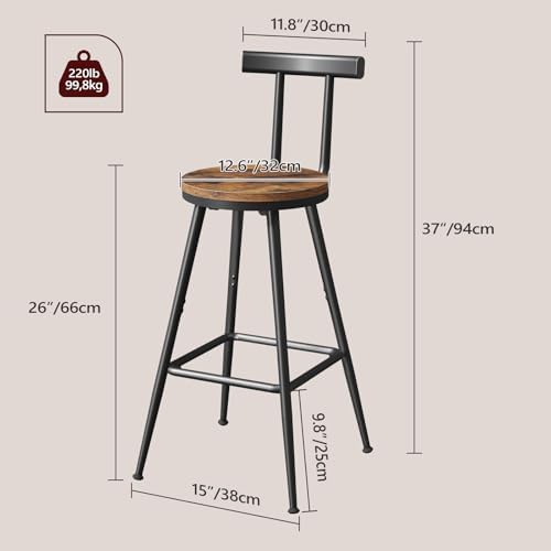 MAHANCRIS Bar Stools, Set of 2 Bar Chairs with Backrest and Footrest, 26" Tall Counter Stools, Metal Frame, Adjustable Feet, Easy Assembly, for Kitchen, Living Room, Pub, Rustic Brown BAHR6001