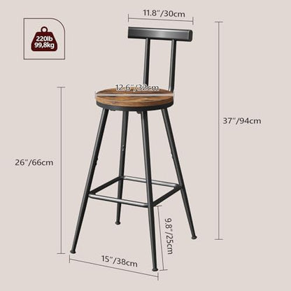 MAHANCRIS Bar Stools, Set of 2 Bar Chairs with Backrest and Footrest, 26" Tall Counter Stools, Metal Frame, Adjustable Feet, Easy Assembly, for Kitchen, Living Room, Pub, Rustic Brown BAHR6001