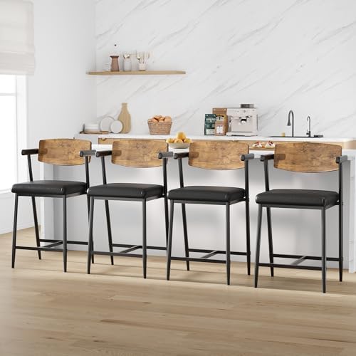 IDEALHOUSE Counter Height Bar Stools Set of 6, 26" Metal Barstools Set with Armrest & Footrest, Bar Chairs with Wood Back &Thickened Wide Soft Seat for Kitchen Island, Counter Height Bar, Rustic Brown