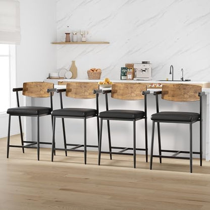 IDEALHOUSE Counter Height Bar Stools Set of 6, 26" Metal Barstools Set with Armrest & Footrest, Bar Chairs with Wood Back &Thickened Wide Soft Seat for Kitchen Island, Counter Height Bar, Rustic Brown