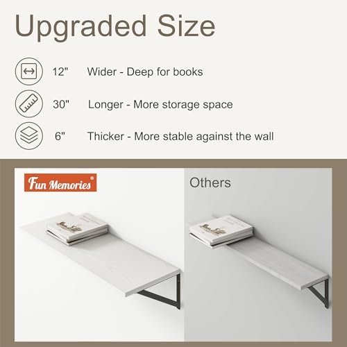 12 Inch Deep Floating Shelves, 30W x 12D Wall Shelves with Brackets, White Floating Shelves 30 Inch Long, Rustic Wood Wall Shelf, Wide Storage Display Shelf for Kitchek, Living Room, Bathroom