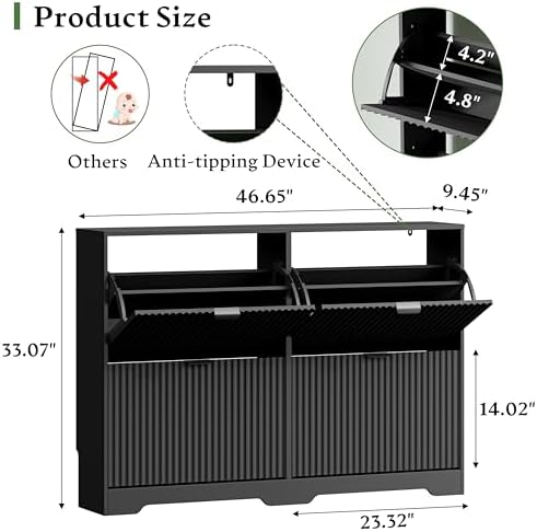 Xixini Shoe Storage Cabinet for Entryway with 4 Flip Drawers, Hidden Slim Wood Shoe Organizer with Modern Fluted Panel, Freestanding Narrow Shoe Rack for Front Door Entrance, Hallway, Foyer, Black
