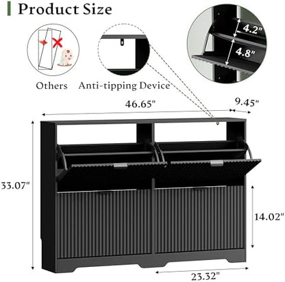 Xixini Shoe Storage Cabinet for Entryway with 4 Flip Drawers, Hidden Slim Wood Shoe Organizer with Modern Fluted Panel, Freestanding Narrow Shoe Rack for Front Door Entrance, Hallway, Foyer, Black
