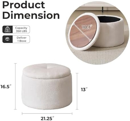Modern Round Storage Ottoman with Reversible Tray Lid,Chenille Ottoman Foot Stools, Ottoman Footstool with Hidden Storage, Storage Ottoman for Living Room, Multi-Functional Footrest,White