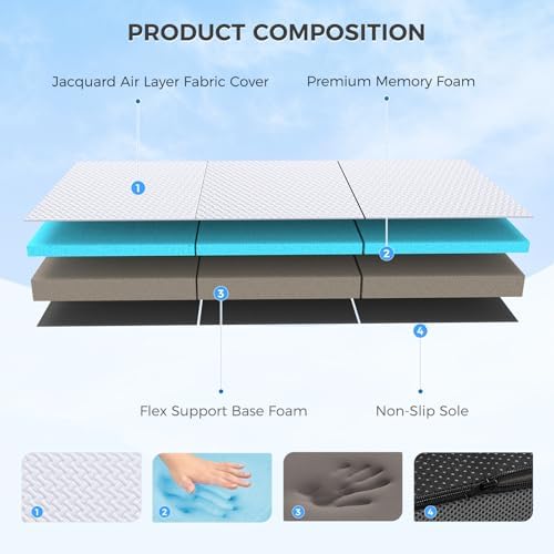 MASVIS Trifold Mattress, 3 Inch Memory Foam Foldable Mattress with Washable Cover, Tri-Folding Floor Bed for Camping, Twin