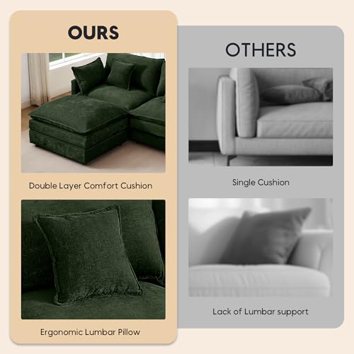 Modern 102" L Shaped Sectional Sofa Cloud Couch, Modern Chenille Comfy Modular Sleeper Sofa, Upholstery Sofa with Ottoman & Memory Foam for Living Room, Green