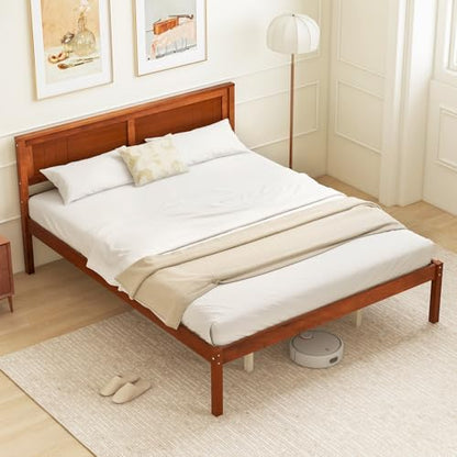 GIANTEX Queen Wood Platform Bed Frame with Headboard, Mid Century Queen Bed Frame with Wood Slat Support, Solid Wood Foundation with 16" Under Bed Storage, No Box Spring Needed, Easy Assembly