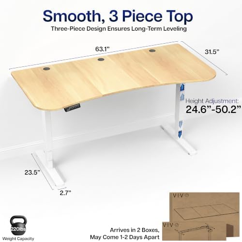 VIVO Electric Standing Desk, Smooth 3-Piece 63" x 32" Light Wood Top
