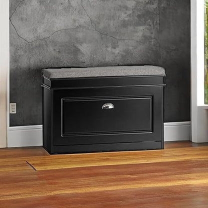 Haotian Shoe Storage Bench with Cushion, Black Narrow Shoe Rack for Entryway, Small Shoe Cabinet with Flip-Drawer, Closet Hallway Mudroom FSR82-L-SCH