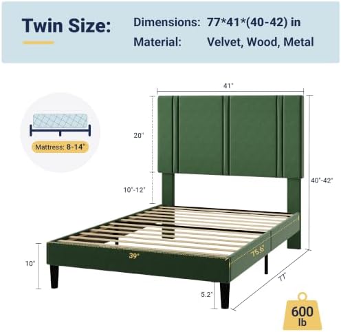 Allewie Twin Platform Bed Frame with Velvet Upholstered Headboard