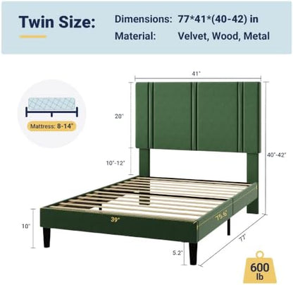 Allewie Twin Platform Bed Frame with Velvet Upholstered Headboard