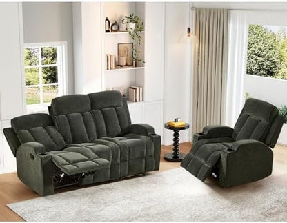HAOMARKETS 2-Piece Manual Recliner Sofa Set, Included Single Recliner Chair and 3-Seater Reclining Couches, Overstuffed Fabirc Reclining Couches with Cup Holders for Living Room, Green