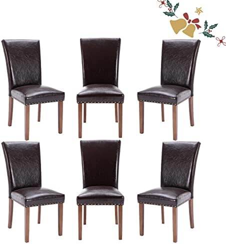 Parsons Dining Chairs Set of 6, Upholstered Nailhead PU Leather Dining Room Kitchen Side Chair with Thick Cushions and Wood Legs, Dark Brown