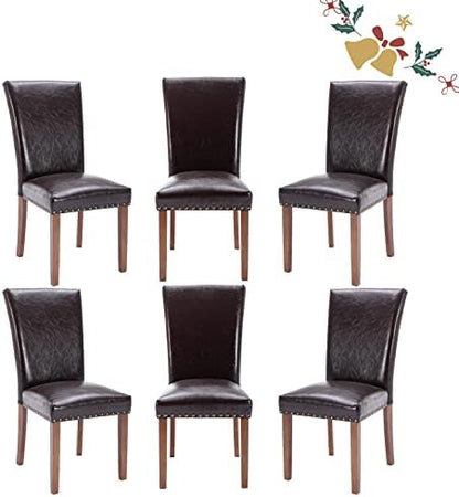 Parsons Dining Chairs Set of 6, Upholstered Nailhead PU Leather Dining Room Kitchen Side Chair with Thick Cushions and Wood Legs, Dark Brown