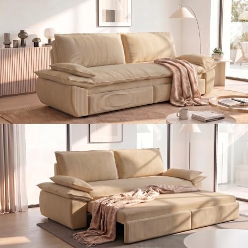 73" Convertible Queen Sofa Bed, Corduroy Pull Out Sofa Couch, Camel