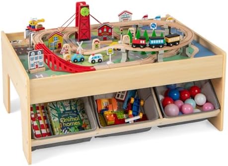 Costzon Train Table, 3-in-1 Wooden Activity Table W/ 3 Storage Bins (Gray)