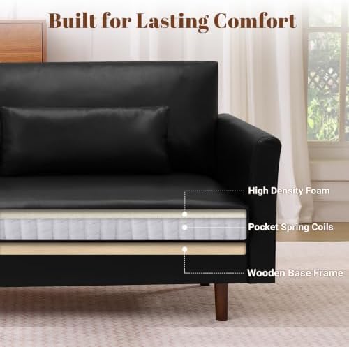 Faux Leather 3-Seater with Side Pocket, Black