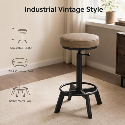 Vintage Bar Stools Set of 2 Industrial Bar Stool Swivel PU Seat Counter Height Adjustable 24-28inch Kitchen Isand Dining Chair