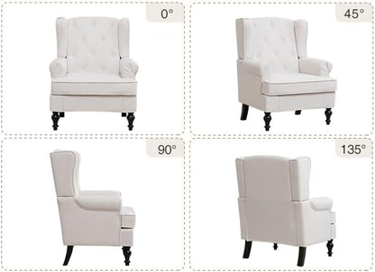 Accent Chair Set of 2, Mid Century Modern Fabric Wingback Chair, Upholstered Armchair with High Back and Vintage Legs, Comfy Single Sofa Side Reading Chair for Living Room Bedroom, Beige