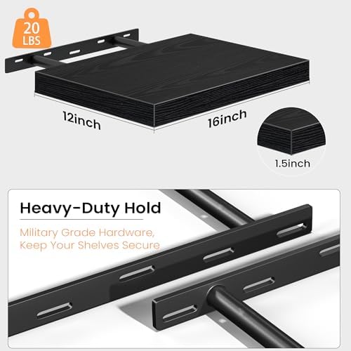 Black Floating Shelves for Wall, 16'' W x 12'' D Wall Mounted Rustic Wood Shelves for Bathroom, Bedroom, Living Room, Kitchen, Hanging Shelf for Storage/Room Decor with Heavy Duty Brackets, 2 Pack