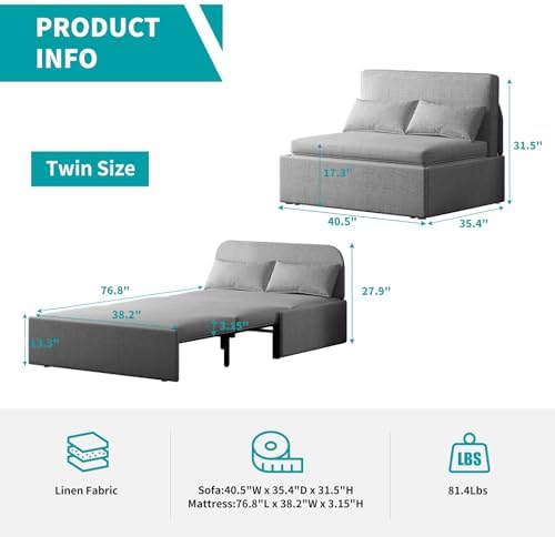 BALUS 40" W Twin Size Pull Out Sofa Bed Chair Sleeper Couch with Pullout Beds, Linen 2 in 1 Convertible Sleepers Sofa Chair Turns into Twin Bed with Pillows for Small Space Apartment Loft, Light Grey