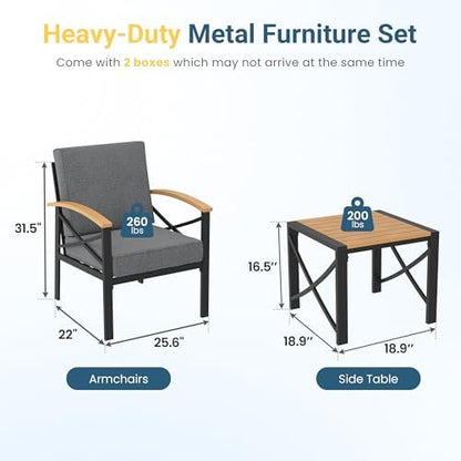 3-Piece Outdoor Patio Furniture Set for All-Weather, Heavy-Duty Metal Outside Furniture with Washable Thick Cushions, Patio Sectional with Coffee Table for Patio, Deck, Backyard, Garden, Grey