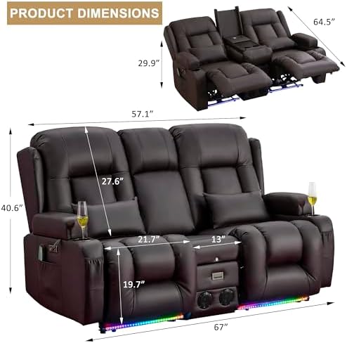 URRED Wall Hugger Power Recliner Sofa with Massage and Heat，Dark Brown
