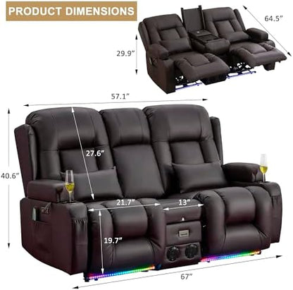 URRED Wall Hugger Power Recliner Sofa with Massage and Heat，Dark Brown