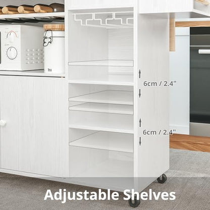 IRONCK Rolling Kitchen Island Cart with Drop-Leaf and Wine Rack, White