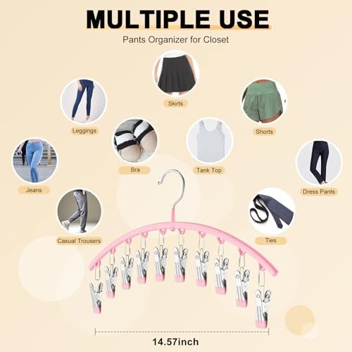 Metal Yoga Pants Hangers 1 Pack w/10 Clips Holds 10 Leggings, Space Saving Hanging Closet Organizer w/Rubber Coated Closet Organizers and Storage, Pink
