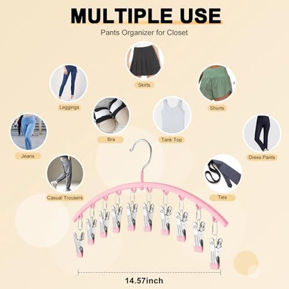 Metal Yoga Pants Hangers 1 Pack w/10 Clips Holds 10 Leggings, Space Saving Hanging Closet Organizer w/Rubber Coated Closet Organizers and Storage, Pink