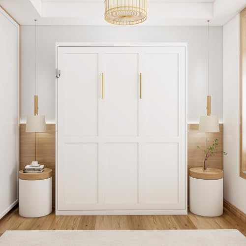 KEIKI Queen Size Vertical Cabinet Murphy Bed with Solid Slats, White