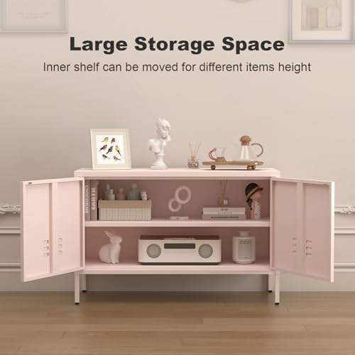 IRONFFICE Metal Cabinets,2 Door Cabinet with Adjustable Shelf,Pink Storage Cabinet for Bedroom,Living Room,Pink