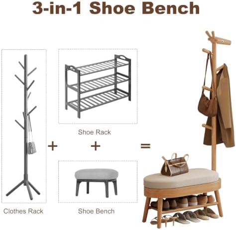 AQIMUELE Shoe Bench with Coat Rack, Shoe Rack with 9 Hooks, Natural